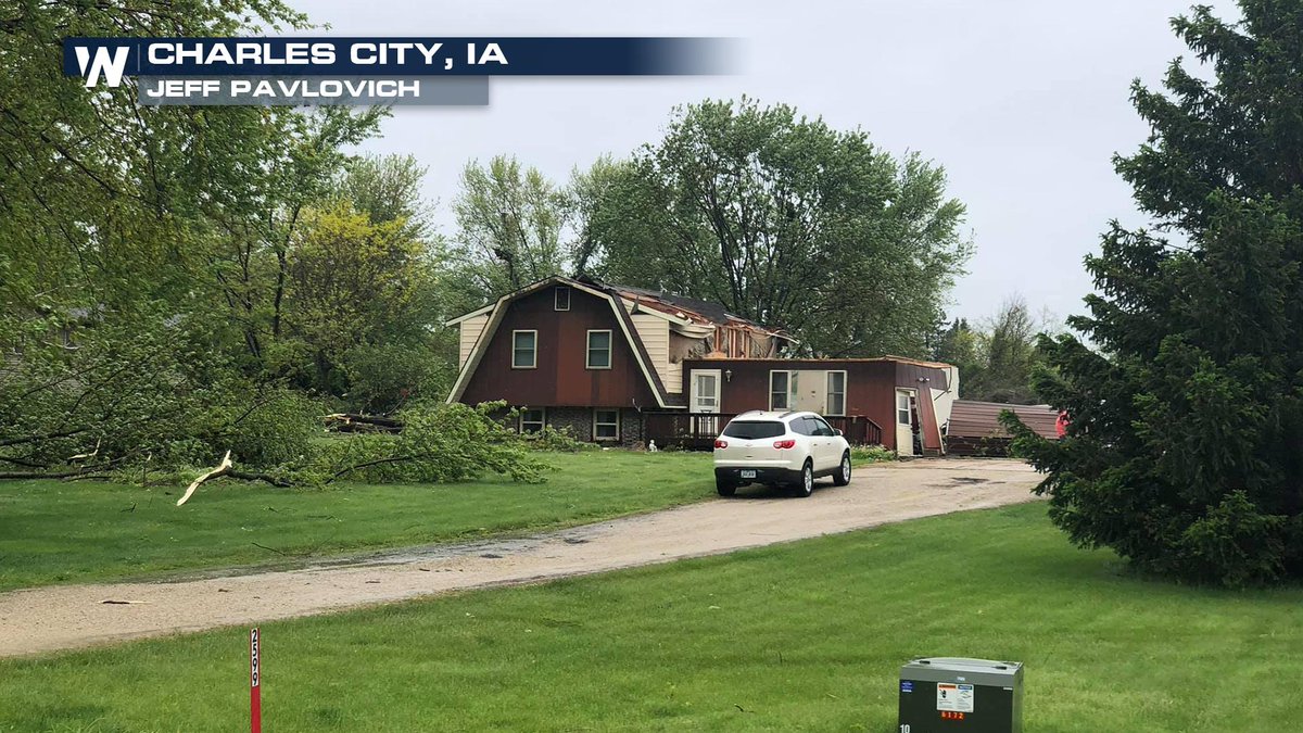 First look at tree and roof damage in Charles City, Iowa after a confirmed tornado moved through.